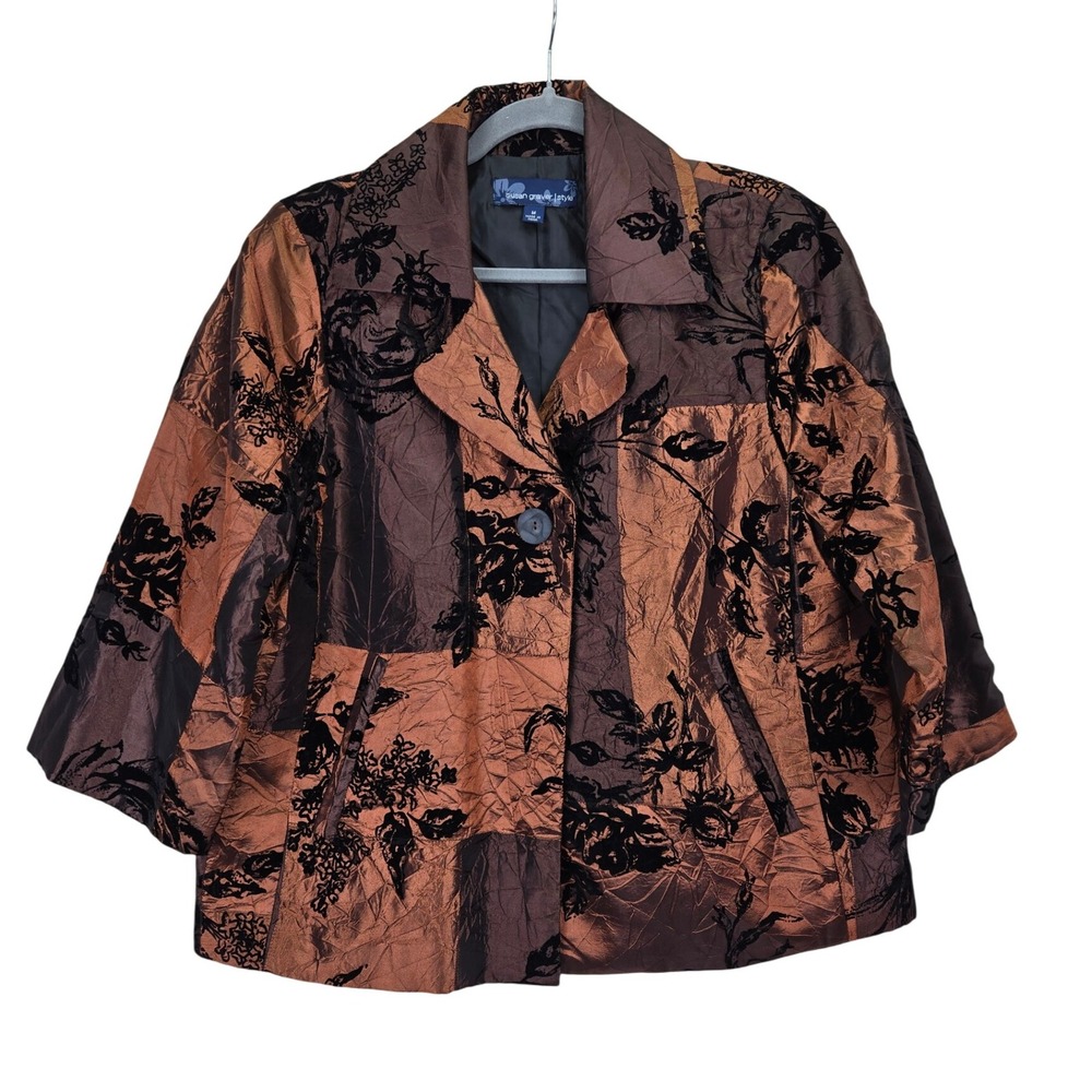 Susan Graver Style Floral Velvet Patchwork Jacket‎ Brown Copper Medium Glam